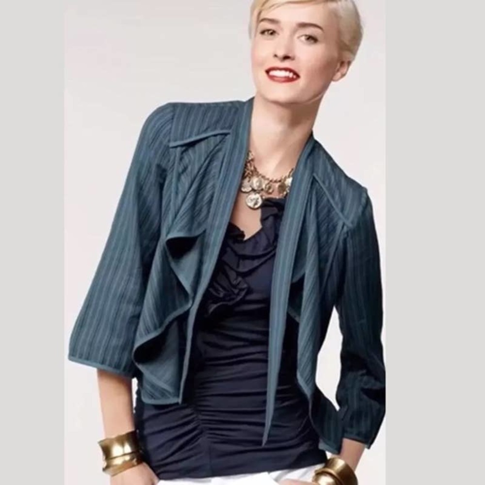 Cabi Jacket Size S Peplum Open Front Cascading Ruffle Swing Striped Blue Cotton